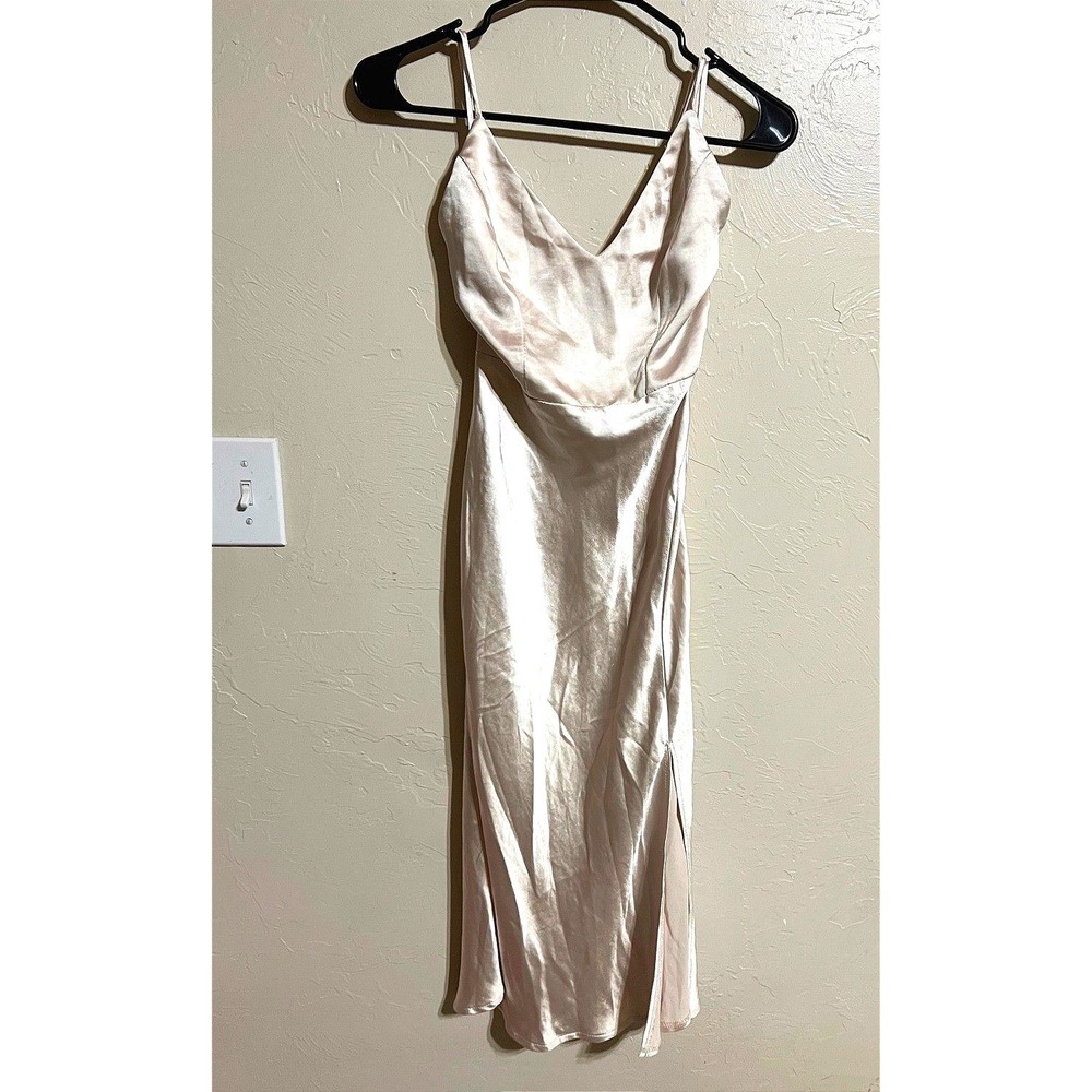 Here Comes the Sun Satin Slip Midi Evening Dress Cowl Neck Tie Back Champagne XS
